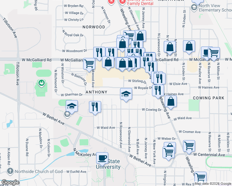 map of restaurants, bars, coffee shops, grocery stores, and more near 1717 West Glenn Ellyn Drive in Muncie