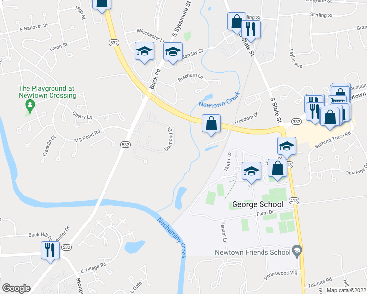 map of restaurants, bars, coffee shops, grocery stores, and more near 1016 Diamond Drive in Newtown