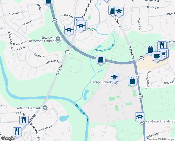 map of restaurants, bars, coffee shops, grocery stores, and more near 1016 Diamond Drive in Newtown