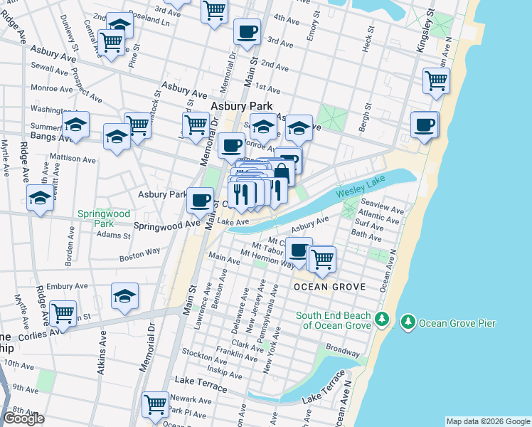 map of restaurants, bars, coffee shops, grocery stores, and more near 605 Lake Avenue in Asbury Park