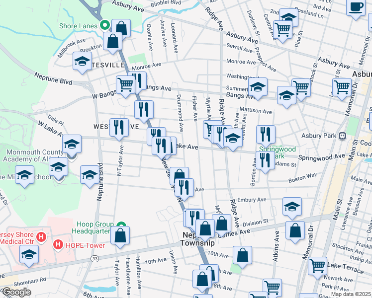 map of restaurants, bars, coffee shops, grocery stores, and more near 1718 West Lake Avenue in Neptune City