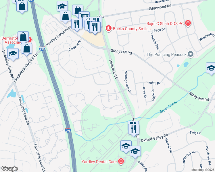 map of restaurants, bars, coffee shops, grocery stores, and more near 1651A Bluebird Drive in Yardley