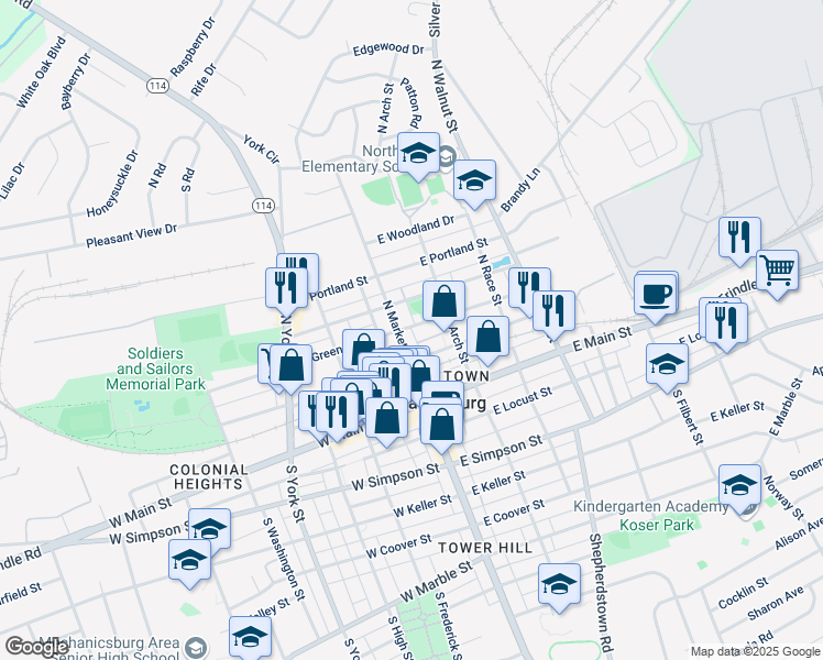 map of restaurants, bars, coffee shops, grocery stores, and more near 10 Foundry Alley in Mechanicsburg