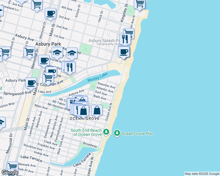 map of restaurants, bars, coffee shops, grocery stores, and more near 2 Atlantic Avenue in Neptune Township
