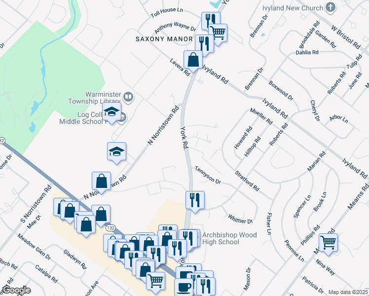 map of restaurants, bars, coffee shops, grocery stores, and more near 886 York Road in Warminster