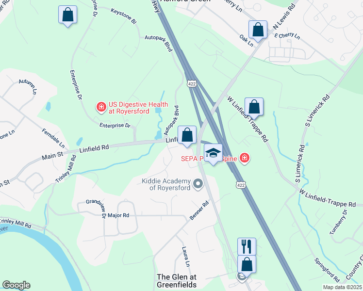 map of restaurants, bars, coffee shops, grocery stores, and more near 107 Apache Lane in Royersford