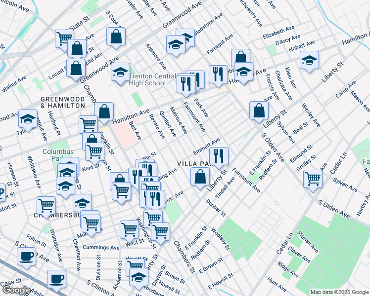 map of restaurants, bars, coffee shops, grocery stores, and more near 1015 Lyndale Avenue in Trenton