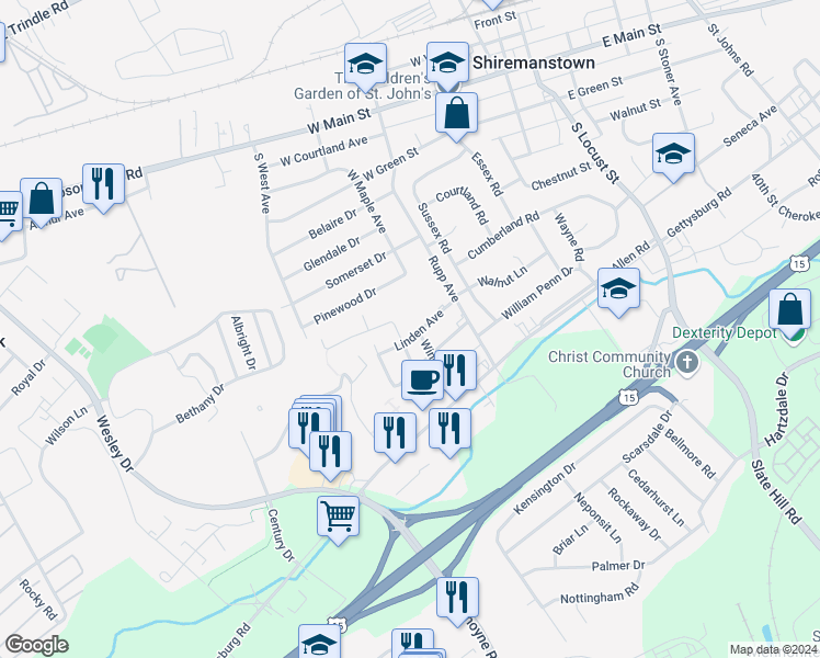 map of restaurants, bars, coffee shops, grocery stores, and more near 4600 Linden Avenue in Mechanicsburg