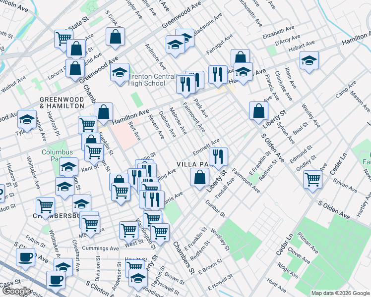 map of restaurants, bars, coffee shops, grocery stores, and more near 950 Quinton Avenue in Trenton