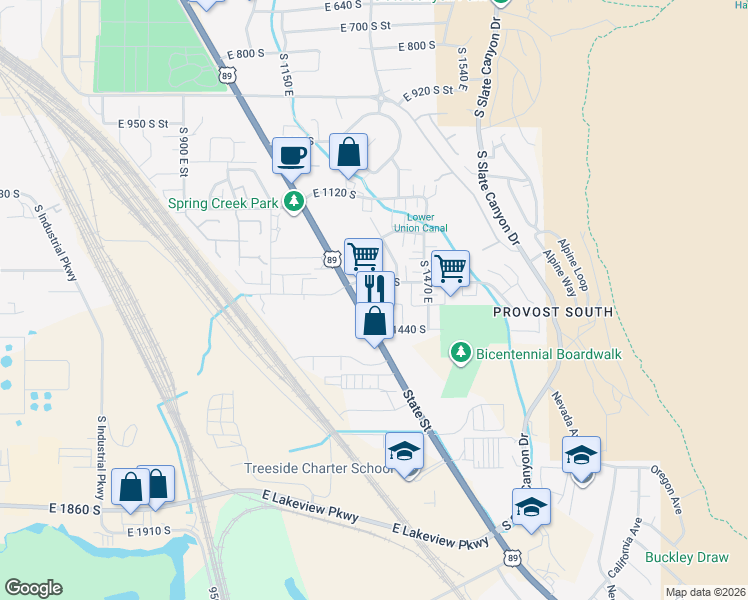 map of restaurants, bars, coffee shops, grocery stores, and more near 1358 South 1370 East in Provo