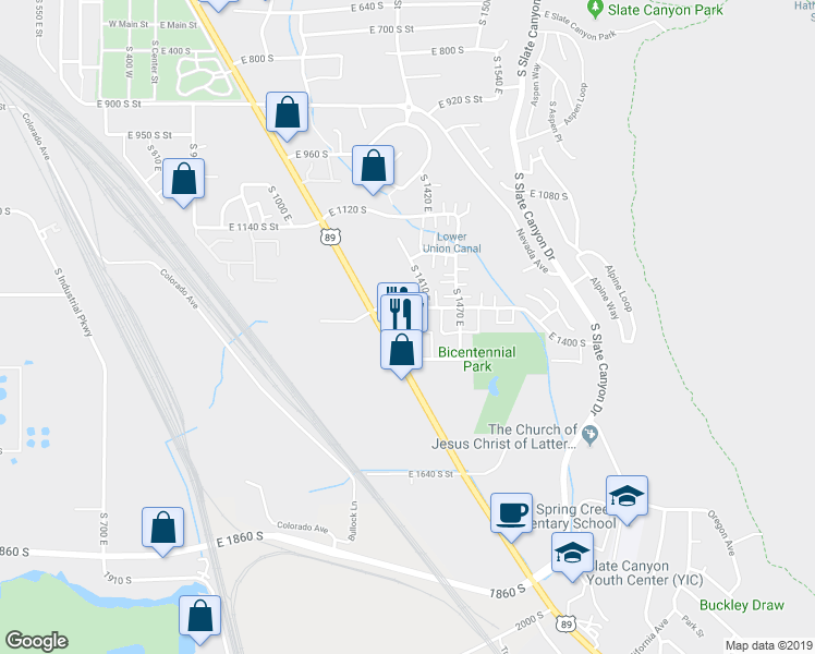 map of restaurants, bars, coffee shops, grocery stores, and more near 1347 South 1370 East in Provo