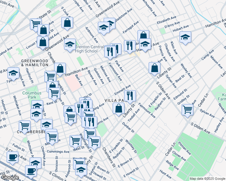 map of restaurants, bars, coffee shops, grocery stores, and more near 950 Quinton Avenue in Trenton