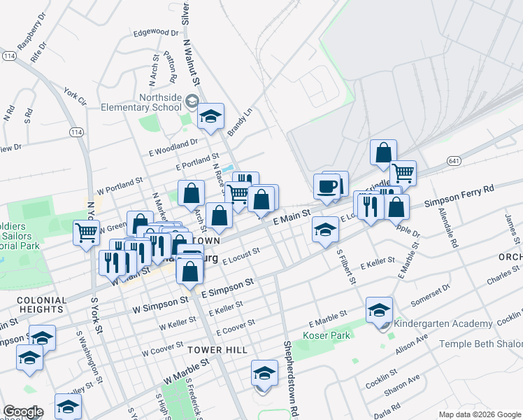 map of restaurants, bars, coffee shops, grocery stores, and more near 307 Pennsylvania 641 in Mechanicsburg