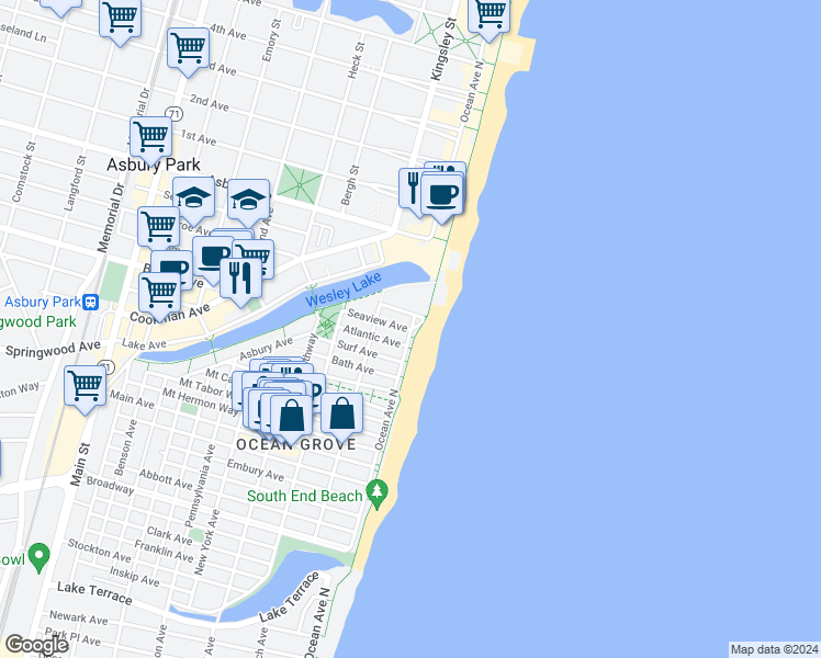 map of restaurants, bars, coffee shops, grocery stores, and more near 4 Ocean Avenue in Neptune Township