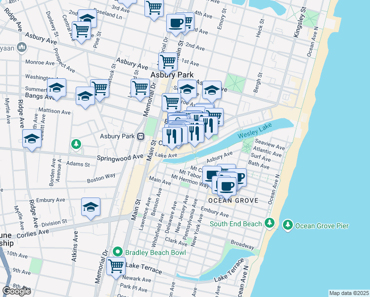 map of restaurants, bars, coffee shops, grocery stores, and more near 605 Lake Avenue in Asbury Park
