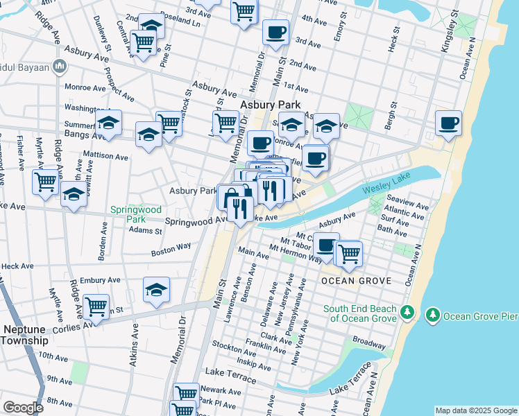 map of restaurants, bars, coffee shops, grocery stores, and more near 20 Main Street in Asbury Park