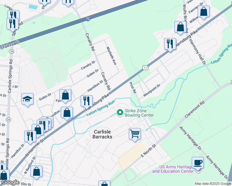 map of restaurants, bars, coffee shops, grocery stores, and more near 1005 Harrisburg Pike in Carlisle