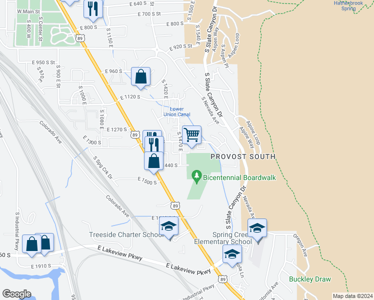 map of restaurants, bars, coffee shops, grocery stores, and more near 1356 South 1500 East in Provo