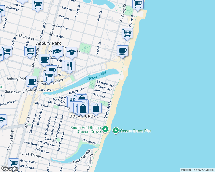 map of restaurants, bars, coffee shops, grocery stores, and more near 2 Atlantic Avenue in Neptune Township