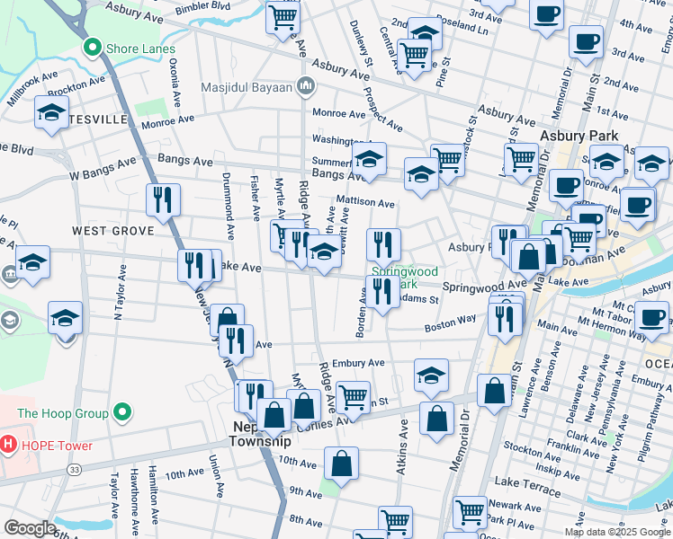 map of restaurants, bars, coffee shops, grocery stores, and more near 1404 Springwood Avenue in Asbury Park