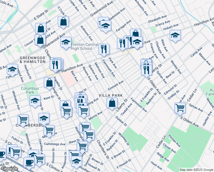 map of restaurants, bars, coffee shops, grocery stores, and more near 950 Quinton Avenue in Trenton