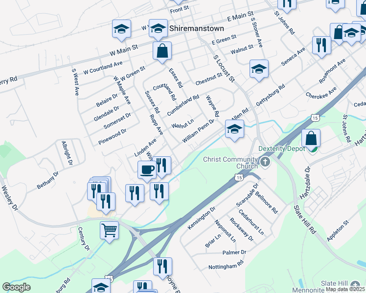 map of restaurants, bars, coffee shops, grocery stores, and more near 33 William Penn Drive in Camp Hill