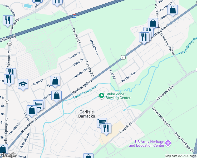 map of restaurants, bars, coffee shops, grocery stores, and more near 1005 Harrisburg Pike in Carlisle