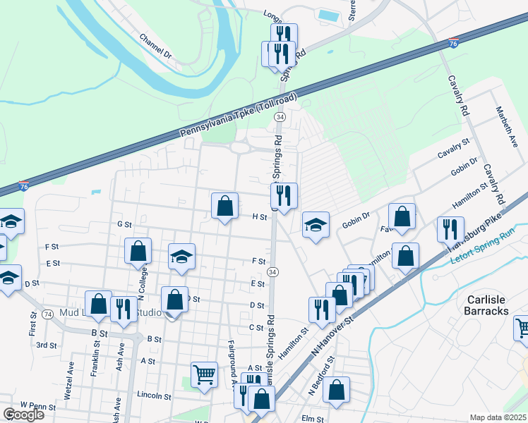 map of restaurants, bars, coffee shops, grocery stores, and more near 1188 Pennsylvania 34 in Carlisle