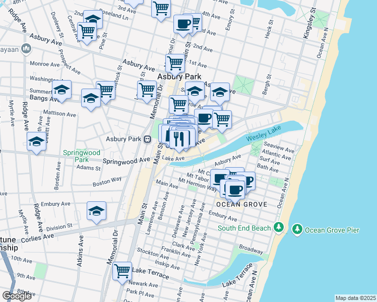 map of restaurants, bars, coffee shops, grocery stores, and more near 612 Cookman Avenue in Asbury Park