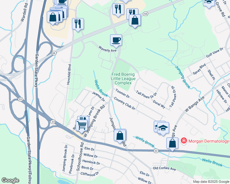 map of restaurants, bars, coffee shops, grocery stores, and more near 2 Toomin Drive in Neptune City