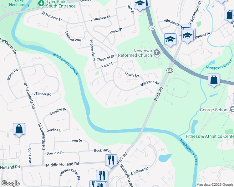 map of restaurants, bars, coffee shops, grocery stores, and more near 15 Hershey Court in Newtown