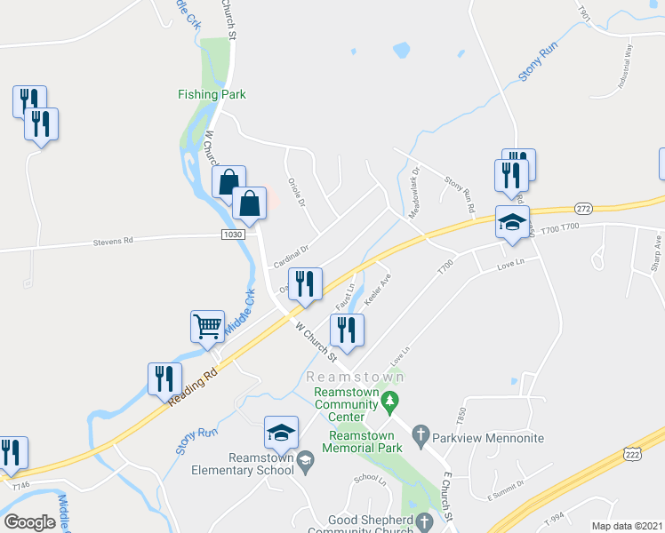 map of restaurants, bars, coffee shops, grocery stores, and more near 21 Oak Lane in Stevens