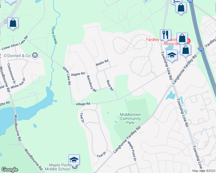 map of restaurants, bars, coffee shops, grocery stores, and more near 38 Basil Road in Langhorne