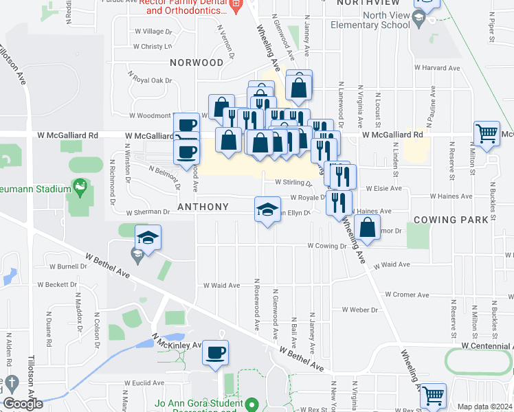 map of restaurants, bars, coffee shops, grocery stores, and more near 2701 North Rosewood Avenue in Muncie