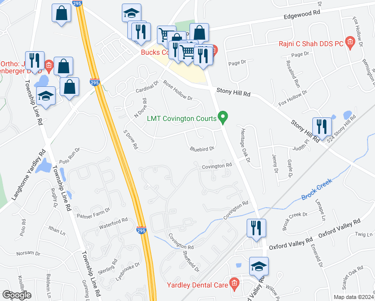 map of restaurants, bars, coffee shops, grocery stores, and more near 1677A Bluebird Drive in Yardley
