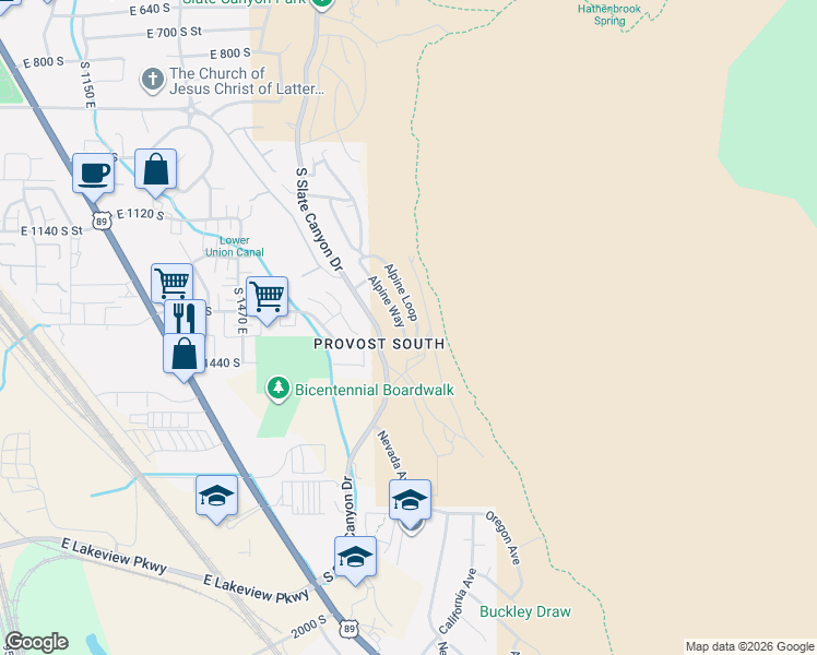 map of restaurants, bars, coffee shops, grocery stores, and more near 1389 Alpine Way in Provo