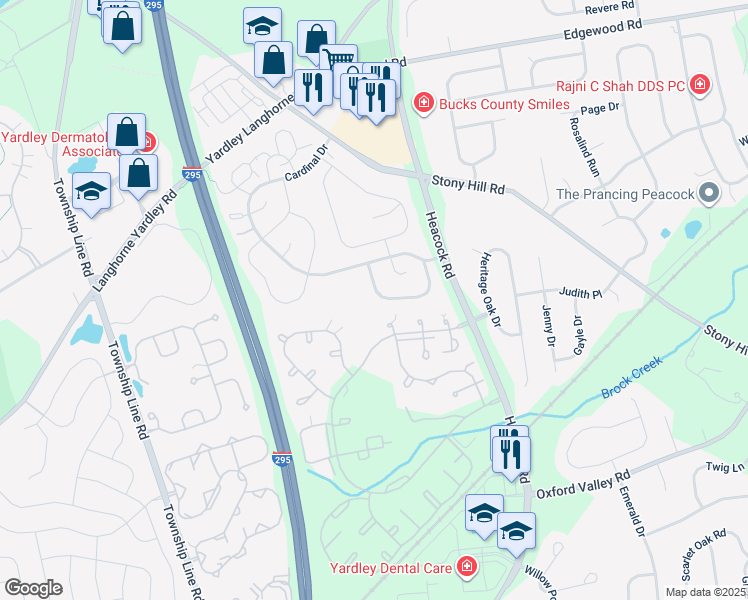 map of restaurants, bars, coffee shops, grocery stores, and more near 1677A Bluebird Drive in Yardley