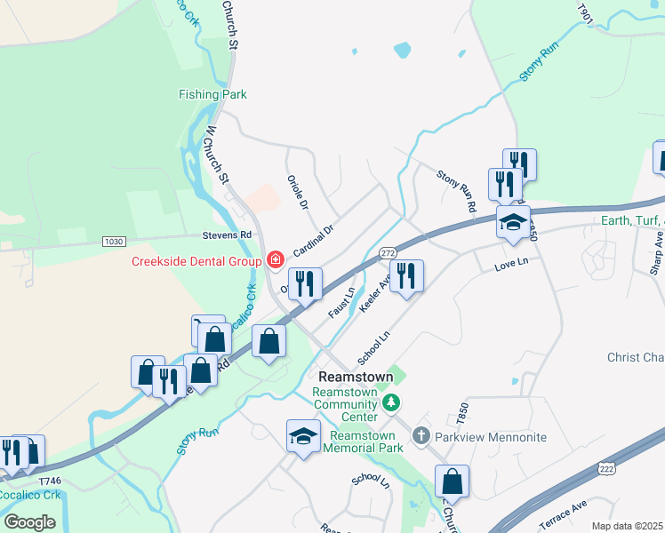 map of restaurants, bars, coffee shops, grocery stores, and more near 21 Oak Lane in Stevens