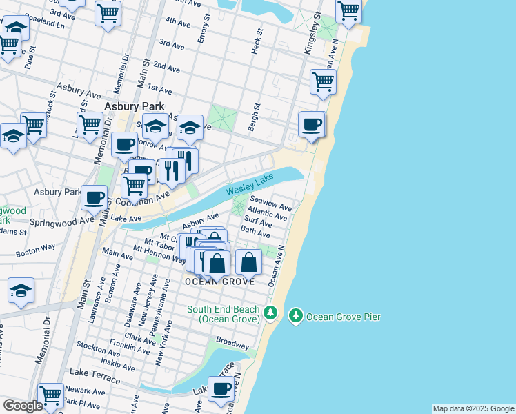 map of restaurants, bars, coffee shops, grocery stores, and more near 21 Surf Avenue in Neptune Township