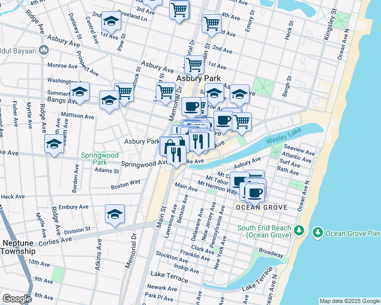 map of restaurants, bars, coffee shops, grocery stores, and more near 704 Cookman Avenue in Asbury Park