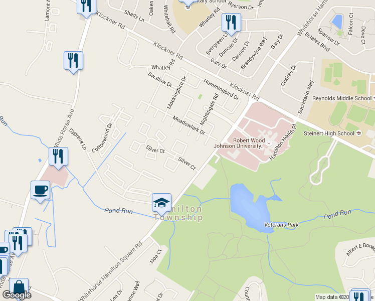 map of restaurants, bars, coffee shops, grocery stores, and more near 2214 Silver Court in Hamilton Township