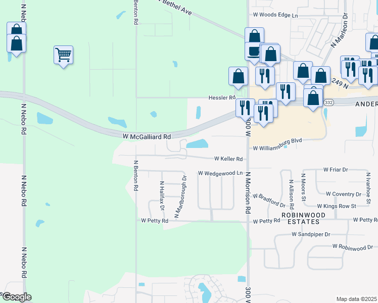 map of restaurants, bars, coffee shops, grocery stores, and more near 5229 West Keller Road in Muncie