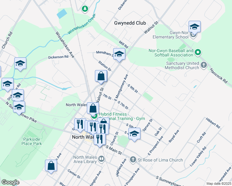 map of restaurants, bars, coffee shops, grocery stores, and more near 712 East Montgomery Avenue in North Wales