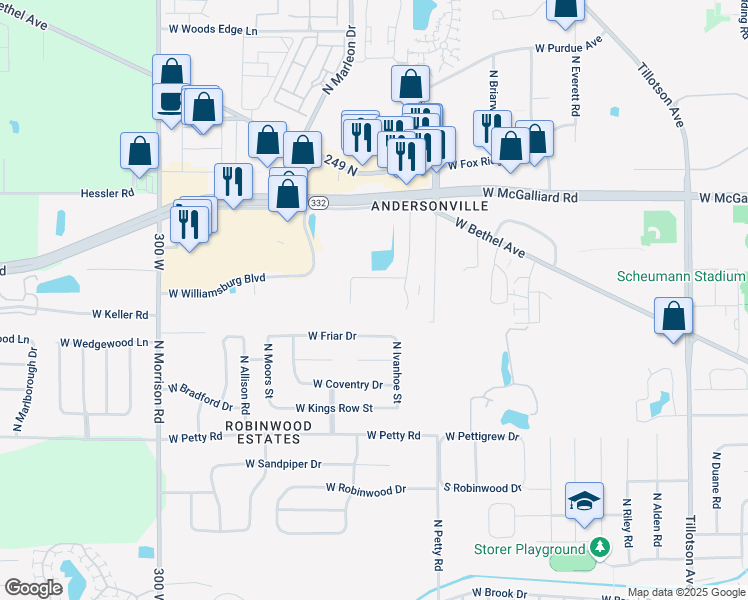 map of restaurants, bars, coffee shops, grocery stores, and more near 2701 North Lyn-Mar Drive in Muncie