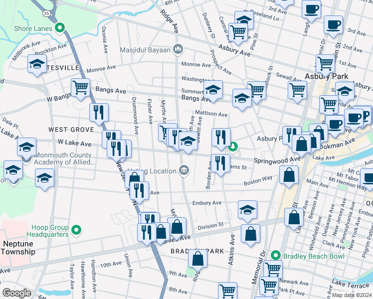 map of restaurants, bars, coffee shops, grocery stores, and more near 1404 Springwood Avenue in Asbury Park