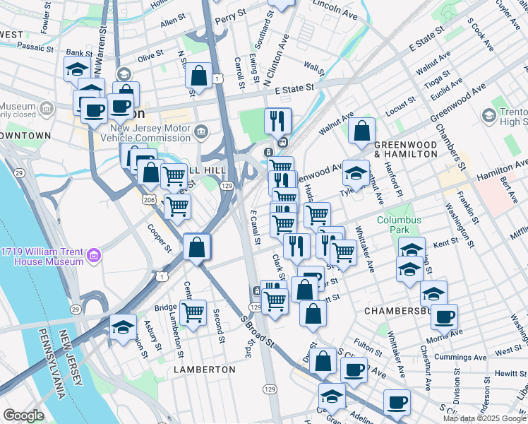 map of restaurants, bars, coffee shops, grocery stores, and more near 18 Tyler Street in Trenton