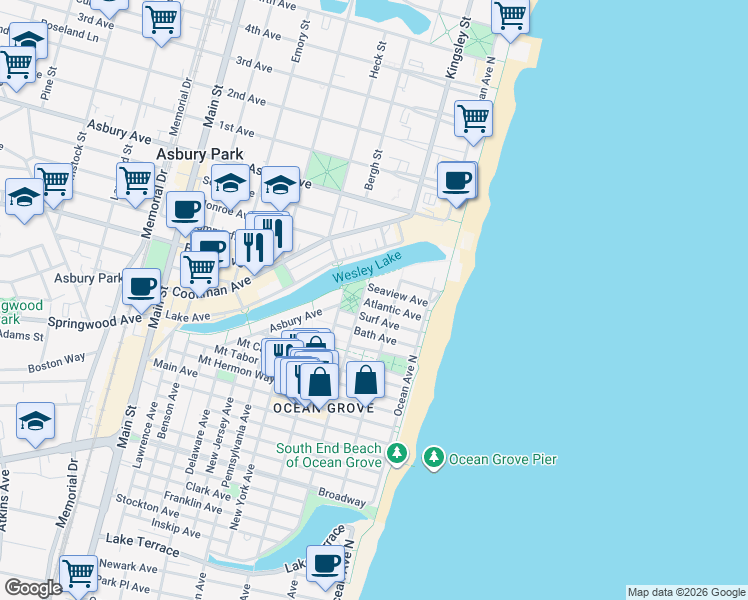 map of restaurants, bars, coffee shops, grocery stores, and more near 21 Surf Avenue in Neptune Township