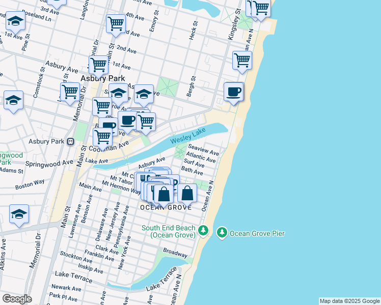map of restaurants, bars, coffee shops, grocery stores, and more near 21 Surf Avenue in Neptune Township