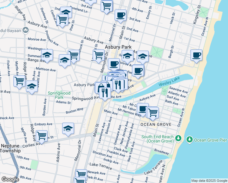 map of restaurants, bars, coffee shops, grocery stores, and more near 20 Main Street in Asbury Park