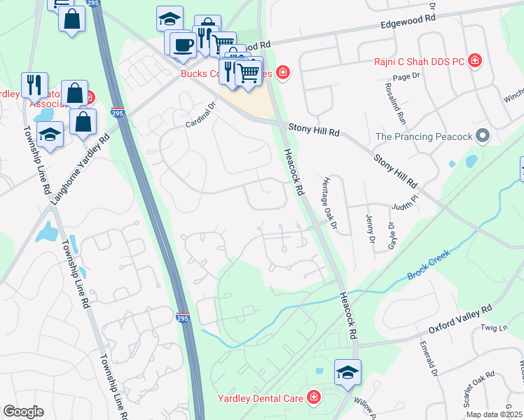 map of restaurants, bars, coffee shops, grocery stores, and more near 1634 Covington Road in Yardley